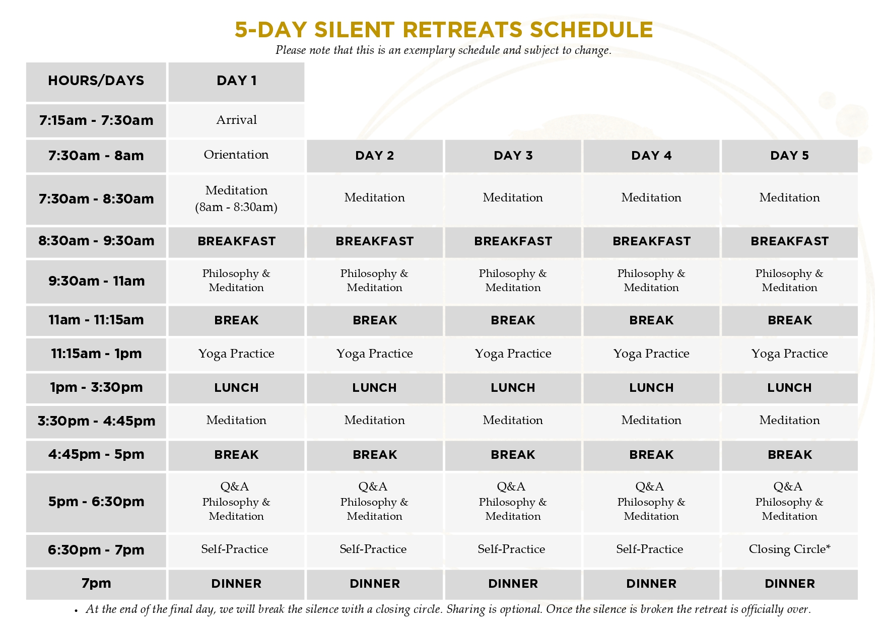 Silent Retreat Schedule