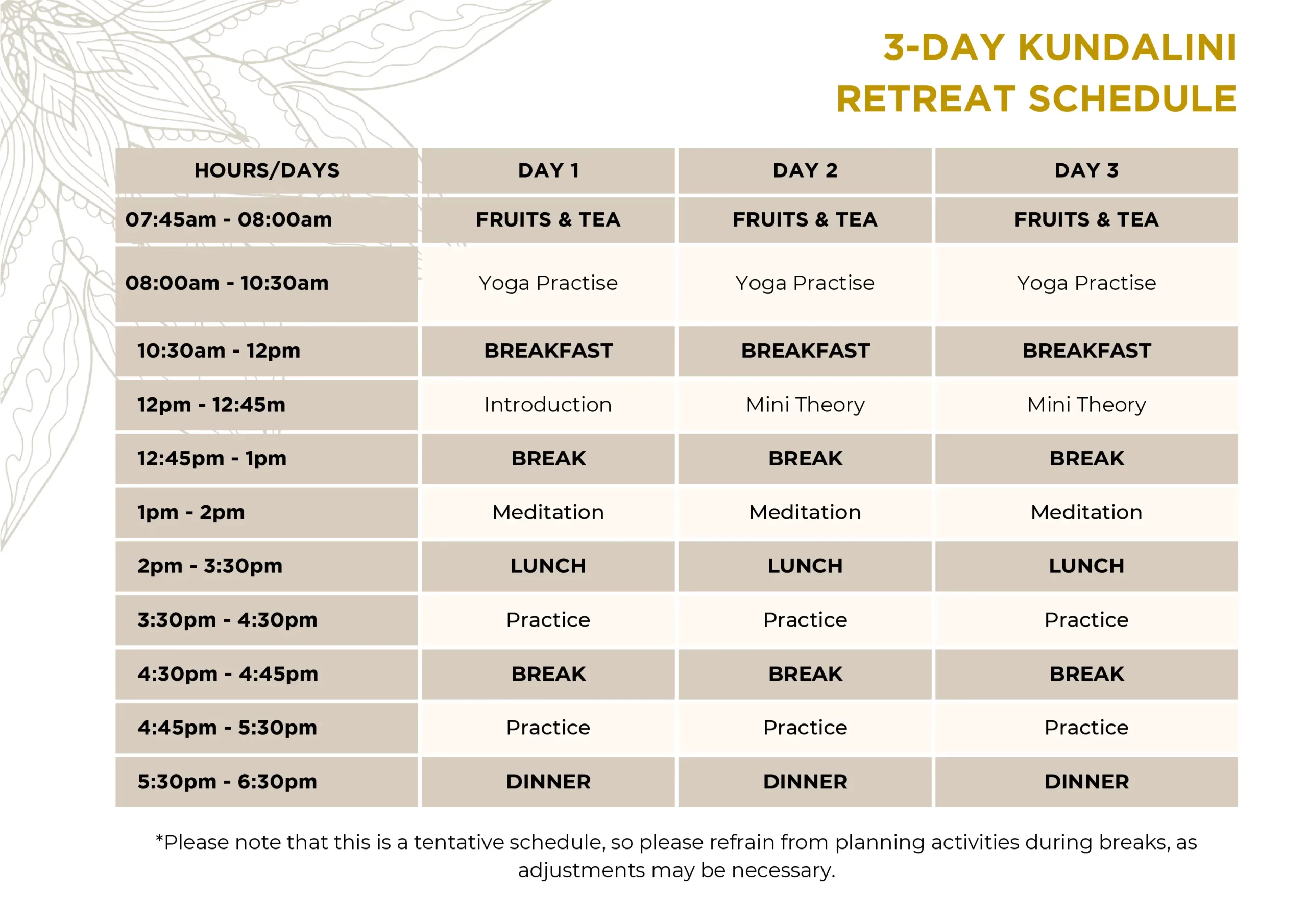 3 day Kundalini Retreat Schedule (MAR25)