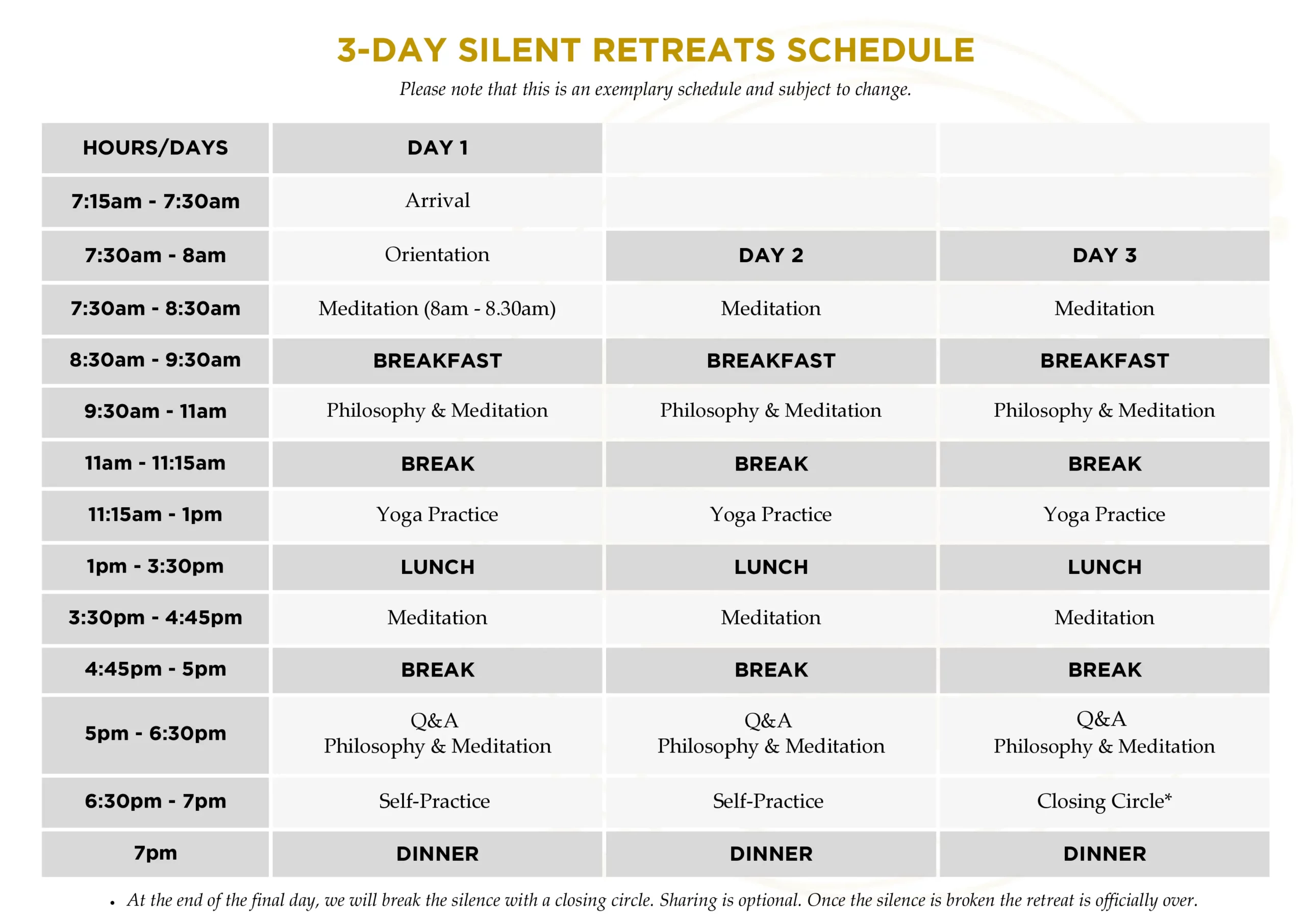 3 day Silent Retreat Schedule