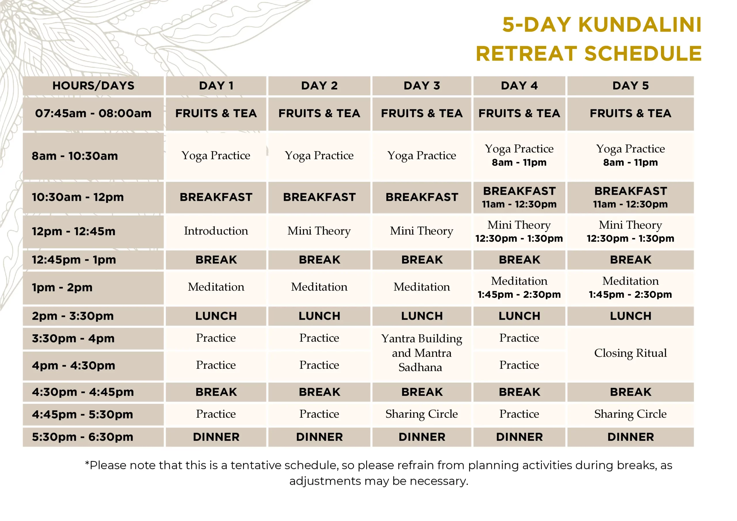 5 day Kundalini Retreat Schedule (MAR25)